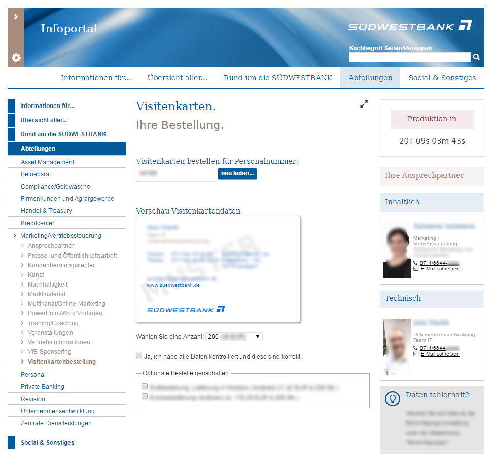 Visitenkartenbestellsystem für die Mitarbeiter mit direkter Anbindung an die Druckerei.