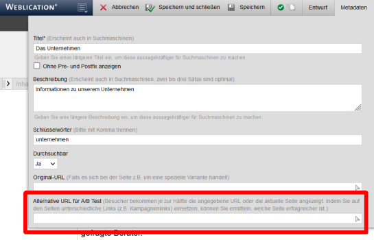 A/B Test Funktion für zwei Seiten